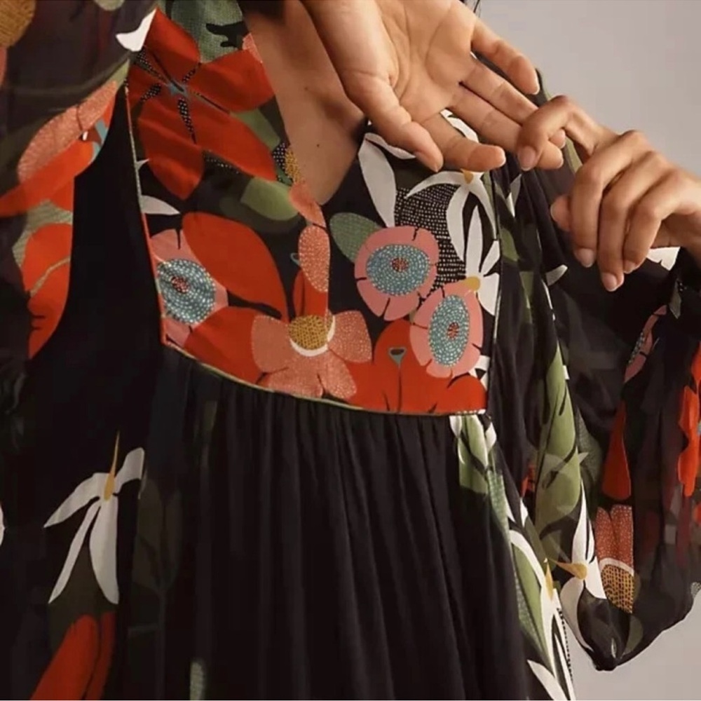 FARM Rio Floral Long Sleeve Dress - Black, Red, Green
